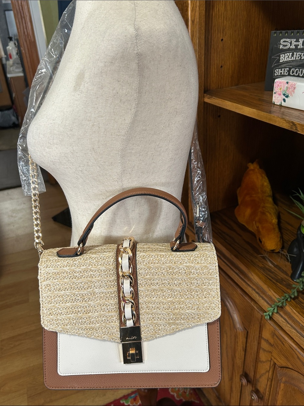 Aldo Brown and Cream Straw-Accent Top-Handle Satchel